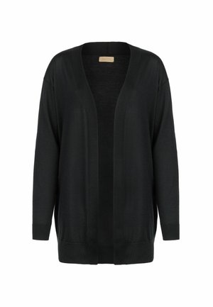 Zwarte lichtgewicht cardigan met een diepe V-hals, open voorkant, lange mouwen en geribde manchetten en onderrand. Zachte textuur, geen sluitingen of patronen.