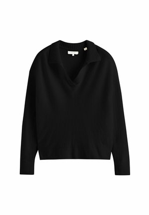 Zwarte trui met een V-hals en geribbelde kraag. Lange mouwen en geribbelde zoomdetails. Gemaakt van een zachte, textuurrijke breikstof.