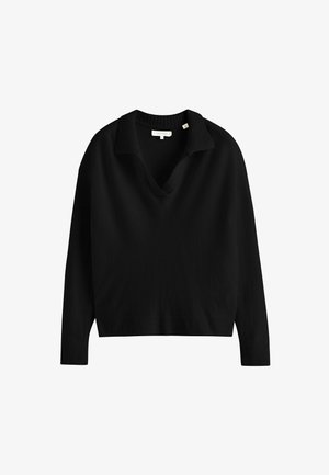 Schwarzer Pullover mit V-Ausschnitt und geripptem Kragen. Lange Ärmel und gerippte Saumdetails. Hergestellt aus einem weichen, strukturierten Strickstoff.