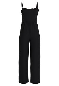 Černý overal se smyčkovaným živůtkem, tenkými nastavitelnými ramínky, širokými nohavicemi a volným střihem, vyrobený z měkké, lehké tkaniny.