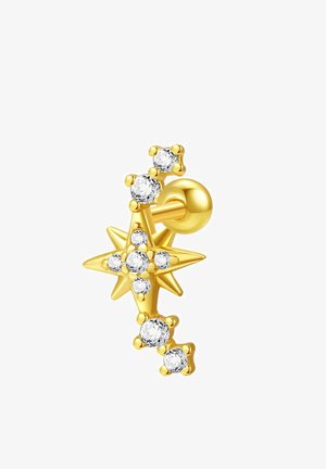 Sternförmige Ohrringe in Gold mit klaren, runden Strasssteinen, die entlang eines geschwungenen Designs angeordnet sind. Sie besitzen glatte Oberflächen und abgerundete Hardware.