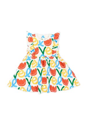 Sukienka dla malucha z kolorowymi literami "love" i wzorem czerwonych tulipanów z uśmiechniętą buźką, z falbankami na rękawkach i marszczoną talią na białym tle.