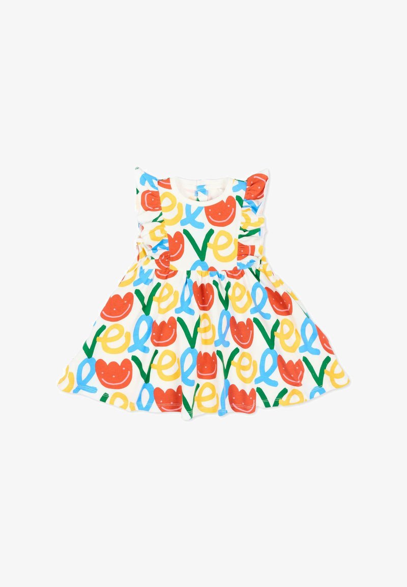 Vestido para niño pequeño con letras coloridas que forman la palabra "amor" y patrón de tulipanes sonrientes rojos, mangas con volantes y cintura fruncida sobre fondo blanco.