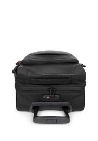 Black rolling suitcase with a textured synthetic exterior, dual zipper closures, and a retractable handle. Front features a TSA lock.
