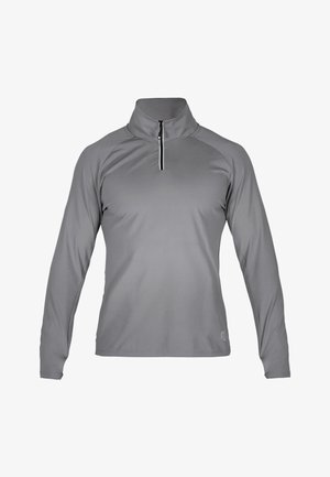 Grau langärmeliger Pullover mit einem Viertelreißverschluss und Stehkragen. Verfügt über eine glatte Textur und eine schlanke Passform mit kontrastierendem schwarzen Reißverschluss.