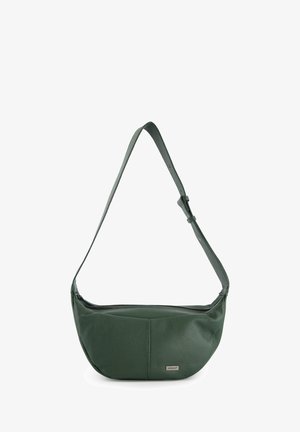 Green leather shoulder bag with a rounded shape, textured finish, and adjustable strap. Features a zippered closure and subtle branding.