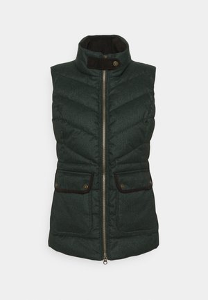Donkergroen gewatteerd mouwloos vest met opstaande kraag, ritssluiting aan de voorkant en twee klepzakken met drukknopen.