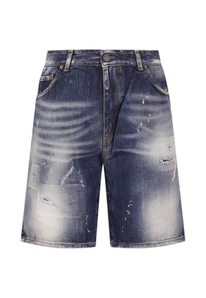 Dżinsowe szorty z efektem spranego materiału, przetarciami, plamami farby, przednimi kieszeniami, szlufkami na pasek i zapięciem na guzik.