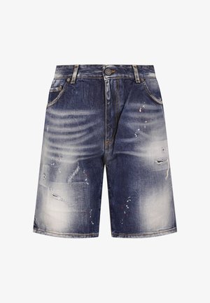 Džínové kraťasy s efektem vyblednutí, ošoupané detaily, skvrny od barvy, přední kapsy, poutka na opasek a zapínání na knoflík.