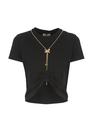 Black cropped t-shirt made of cotton with a ruched front and gold chain detailing featuring a bow and drop accents.