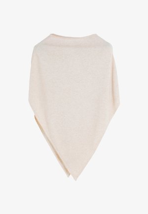 Chal triangular beige de tejido suave, con una textura jaspeada sutil y un escote amplio para un estilo versátil.