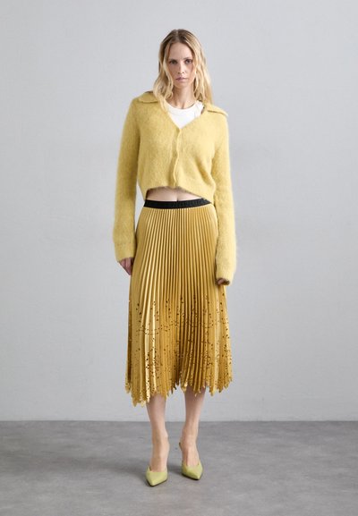 Κίτρινο φuzzy cropped cardigan πάνω από ένα λευκό πουκάμισο, συνδυασμένο με μία πλισέ κίτρινη φούστα διακοσμημένη με παγιέτες. Πράσινα ψηλοτάκουνα παπούτσια με μυτερή μύτη.