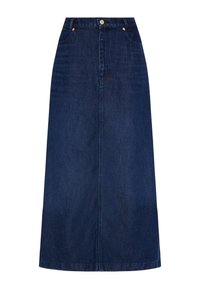 Gonna di jeans, blu scuro, di lunghezza media con taglio dritto. Presenta tasche frontali, chiusura con bottone e dettagli di cucitura minimi.