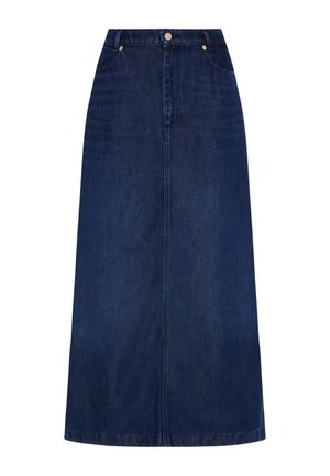 Denimrock, dunkelblau, knielang mit geradem Schnitt. Verfügt über Fronttaschen, einen Knopfverschluss und minimale Nähte.