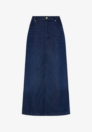 Gonna di jeans, blu scuro, di lunghezza media con taglio dritto. Presenta tasche frontali, chiusura con bottone e dettagli di cucitura minimi.