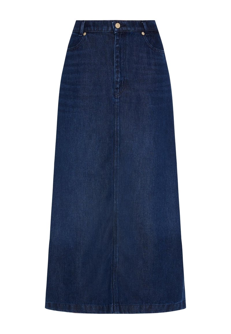Denimrock, dunkelblau, knielang mit geradem Schnitt. Verfügt über Fronttaschen, einen Knopfverschluss und minimale Nähte.