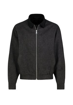 Dunkelgraue Reißverschlussjacke mit dezenten horizontalen Streifen, schwarzem Kragen, langen Ärmeln und Seitentaschen, auf weißem Hintergrund dargestellt.