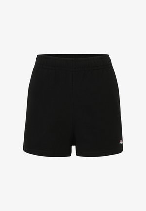 Shorts de sport noirs en mélange de coton et polyester, dotés d'une taille élastique, d'une texture lisse et d'un petit logo sur l'ourlet.