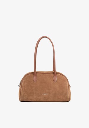 Borsa a mano in camoscio color covone con manici in pelle marrone liscia, forma arrotondata, chiusura con zip e dettaglio discreto del logo sulla parte anteriore.