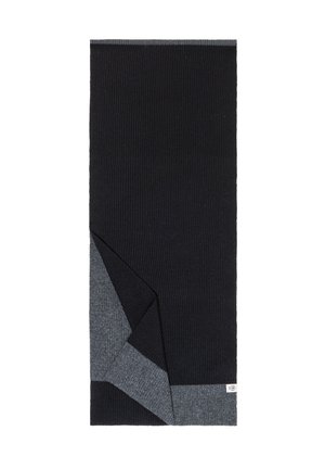 Black knit scarf with folded corner showing a gray reverse side and a small white fabric label on the gray edge.