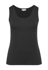 Zwart mouwloos tanktop gemaakt van een gladde stof met een ronde halslijn en een getailleerd silhouet, zonder patronen of versieringen.
