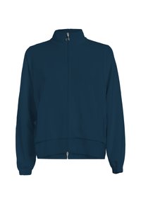 Giacca zip-up navy con colletto alto, maniche lunghe e polsini elasticizzati. Tessuto liscio senza motivi o decorazioni visibili.