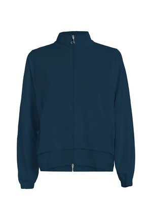 Giacca zip-up navy con colletto alto, maniche lunghe e polsini elasticizzati. Tessuto liscio senza motivi o decorazioni visibili.