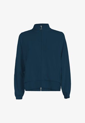 Navy zip-up jacket with a stand collar, long sleeves, and elastic cuffs. Smooth fabric with no visible patterns or embellishments.