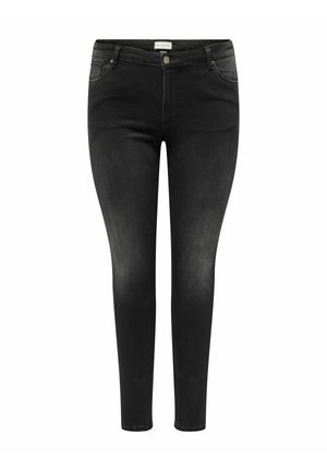 Jeans skinny neri in denim, con una finitura sbiadita, cinque tasche, chiusura con bottone in metallo e passanti per cintura.