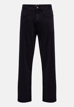 Schwarze Denim-Jeans mit geradem Schnitt, ausgestattet mit zwei Vordertaschen und einem Knopfverschluss. Glatte Textur, keine sichtbaren Muster oder Verzierungen.