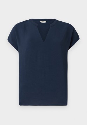 Mørkeblå kortermet topp med V-hals, laget av et lett materiale. Har en avslappet passform og subtil fall.