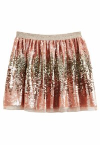 Paillettenrock in Roségold mit schimmerndem Effekt. Verfügt über ein gerafftes Design und einen Bund, geschmückt mit goldenen und silbernen Pailletten.