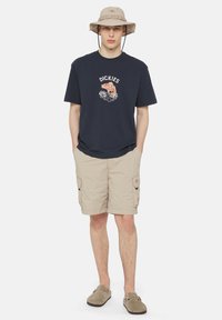 Námořnické tričko s potiskem "DICKIES", béžové cargo šortky, světle béžová kšiltovka a šedé slip-on boty. Hladký materiál a volný střih.