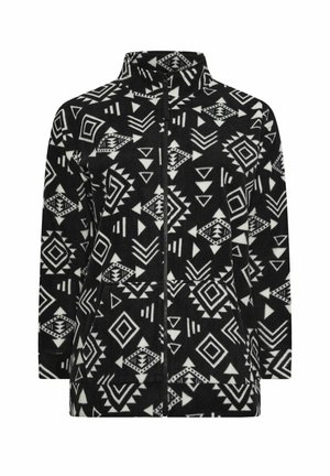 Black and white fleece jacket with geometric patterns, high collar, zip front, and side pockets. Soft texture and relaxed fit design.