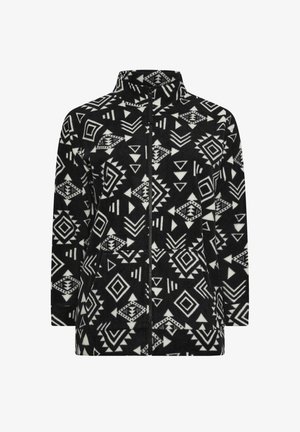 Schwarz-weiße Fleecejacke mit geometrischen Mustern, hohem Kragen, Reißverschluss vorne und seitlichen Taschen. Weicher Stoff und lässiger Schnitt.