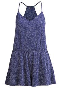 Robe sans manches violette avec un décolleté en V, taille froncée et jupe évasée. Fabriquée en tissu texturé avec un motif subtil. 