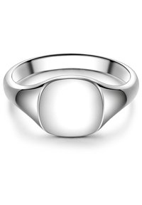 Srebrn prstan z gladkim, zaobljenim trakom in podolgovato, polirano pravokotno ploskvijo. Površina je sijoča z odsevnimi lastnostmi.