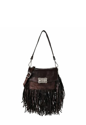 Bolso bandolera de cuero marrón oscuro con cierre de hebilla metálica y largas borlas colgando del borde inferior.