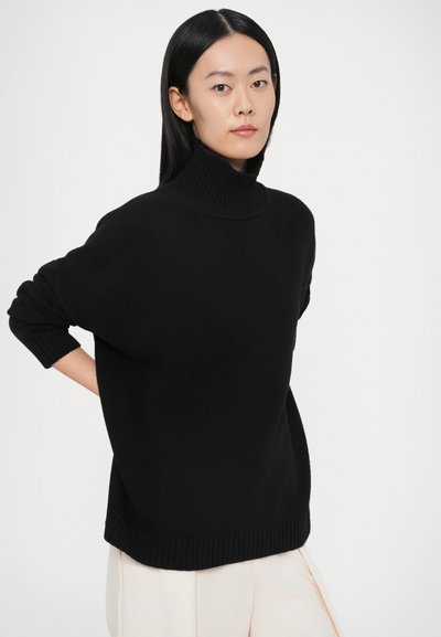 Pull noir à col roulé avec une coupe ample, des poignets et un ourlet côtelés. Fabriqué en matériau doux, présentant une texture lisse et un design simple.