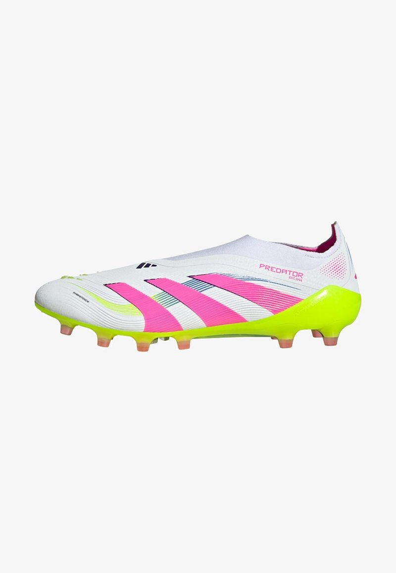 White soccer cleat with pink and lime green accents, featuring a streamlined design, textured upper, and multiple studs for traction.