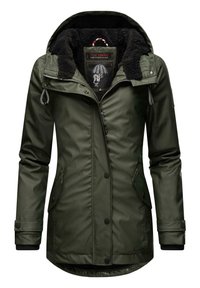 Olive green parka with a zippered front and buttons, featuring a textured, black fleece-lined hood and pockets, and elastic cuffs.