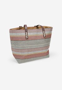 Borsa a spalla a righe con tessuto intrecciato in crema, rosso e marrone. Manici in pelle marrone e decorazioni a zigzag. Design spazioso.