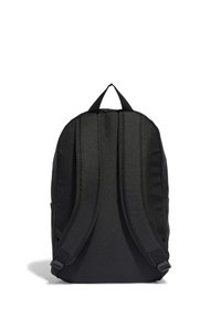 Black fabric backpack with padded shoulder straps, top handle, and smooth texture. Minimalist design featuring no visible logos or patterns.
