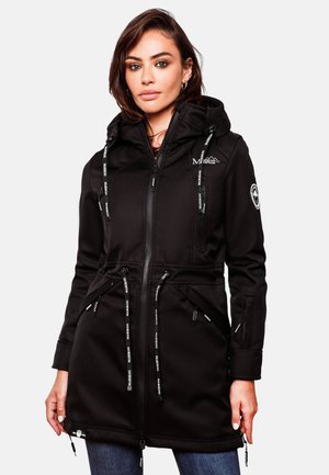 Black softshell jacket with an adjustable hood, zip front, and drawcord waist. Features zippered pockets and logo accents on sleeves.