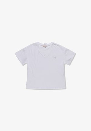 T-shirt bianca a maniche corte con scollatura a V e un logo ricamato discreto sul lato sinistro. Realizzata in un tessuto morbido e leggero.