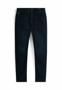 Jeans de mezclilla azul oscuro con corte recto, que presentan un cierre de cremallera, cinco bolsillos y detalles de costura sutiles en la parte delantera.