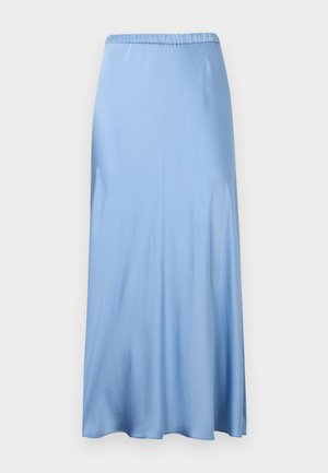 Φόρεμα σατέν μεσαίου μήκους σε ανοιχτό γαλάζιο χρώμα, με ελαστική μέση, χαρακτηριστικό λείο ύφασμα και ελαφριά γραμμή A.