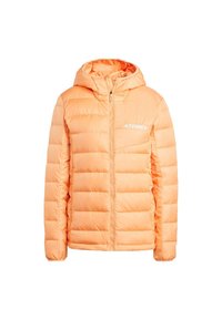Terrex puffer jacket in bright orange, hooded, with a quilted design, full zipper, and logo detail on the chest. Smooth, lightweight material.