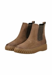 Botas de tobillo de cuero marrón con paneles laterales elásticos y suela de goma texturizada y acanalada. Presenta una pequeña lengüeta en la parte posterior.