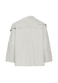 Ivófehér, rövidített dzseki széles gallérral, puha anyagból készült, minimalista dizájnnal, látható záródások vagy minták nélkül.